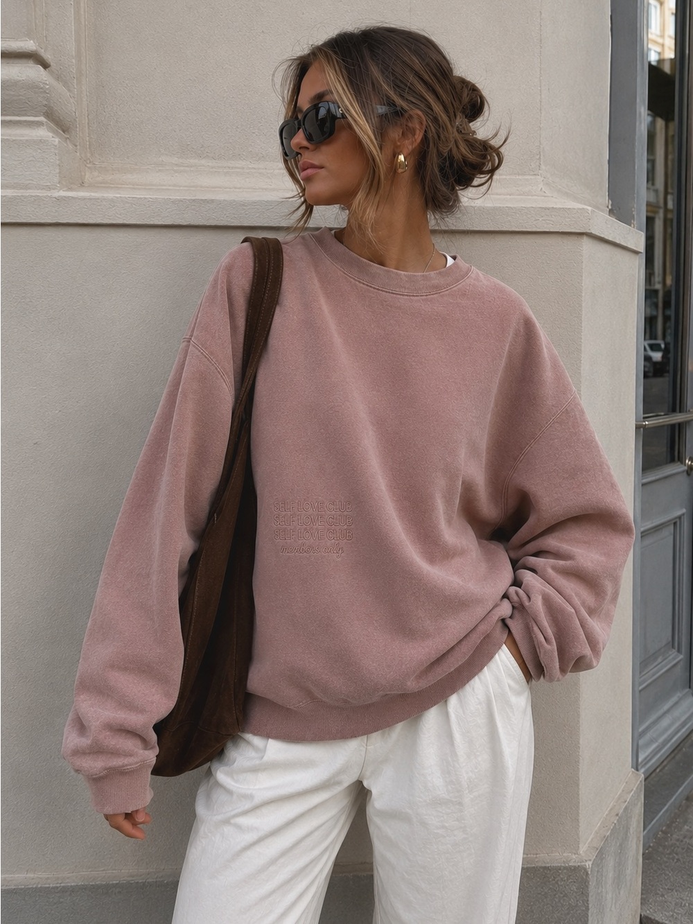 Mayfair The Label Self Love Club Embroidered Oversized Pink Crewneck Sweatshirt